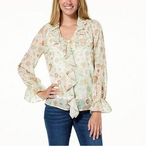 Jaclyn Smith Long-Sleeve Ruffle Front Printed Top w/ Turtle Dove - 3X